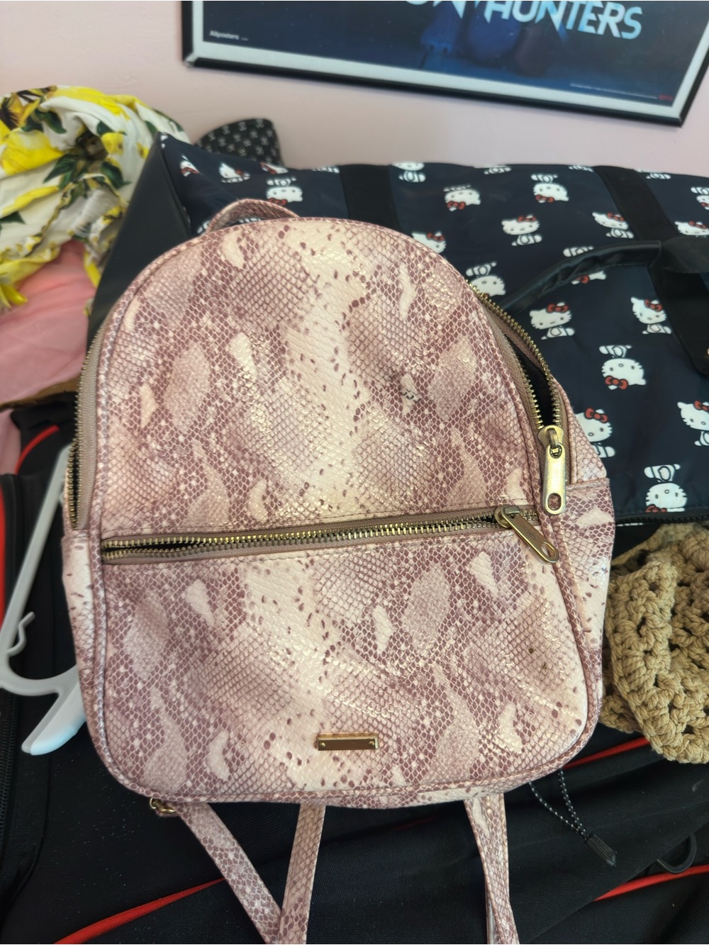 Women's Pink Snake-Print Mini Backpack - Gold Accents